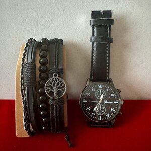 Men's Watch & 4 Matching Bracelets Black Face w White Numerals Set Accessories